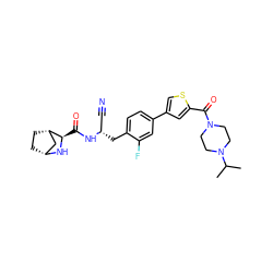 CC(C)N1CCN(C(=O)c2cc(-c3ccc(C[C@@H](C#N)NC(=O)[C@H]4N[C@@H]5CC[C@H]4C5)c(F)c3)cs2)CC1 ZINC000220830424