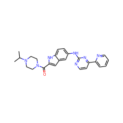 CC(C)N1CCN(C(=O)c2cc3cc(Nc4nccc(-c5ccccn5)n4)ccc3[nH]2)CC1 ZINC000144219420