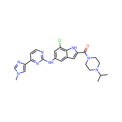 CC(C)N1CCN(C(=O)c2cc3cc(Nc4nccc(-c5cn(C)cn5)n4)cc(Cl)c3[nH]2)CC1 ZINC000222324396