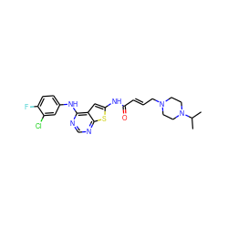 CC(C)N1CCN(C/C=C/C(=O)Nc2cc3c(Nc4ccc(F)c(Cl)c4)ncnc3s2)CC1 ZINC000169311846