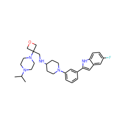 CC(C)N1CCN(C2(CNC3CCN(c4cccc(-c5cc6cc(F)ccc6[nH]5)c4)CC3)COC2)CC1 ZINC000618009486