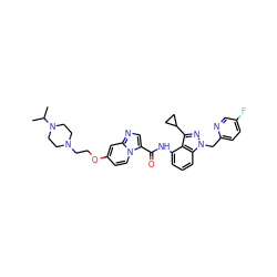 CC(C)N1CCN(CCOc2ccn3c(C(=O)Nc4cccc5c4c(C4CC4)nn5Cc4ccc(F)cn4)cnc3c2)CC1 ZINC000117884962