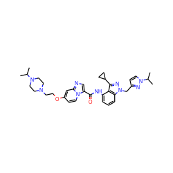 CC(C)N1CCN(CCOc2ccn3c(C(=O)Nc4cccc5c4c(C4CC4)nn5Cc4ccn(C(C)C)n4)cnc3c2)CC1 ZINC000117894745