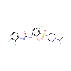 CC(C)N1CCN(S(=O)(=O)c2c(Cl)ccc(NC(=O)Nc3cccc(F)c3Cl)c2O)CC1 ZINC000653866630