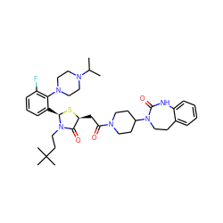 CC(C)N1CCN(c2c(F)cccc2[C@H]2S[C@@H](CC(=O)N3CCC(N4CCc5ccccc5NC4=O)CC3)C(=O)N2CCC(C)(C)C)CC1 ZINC000150606291