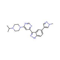 CC(C)N1CCN(c2cc(-c3n[nH]c4ccc(-c5cnn(C)c5)cc34)ncn2)CC1 ZINC000212106390