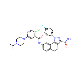 CC(C)N1CCN(c2cc(C(=O)Nc3ccc4c(c3)-c3c(c(C(N)=O)nn3-c3ccc(F)cc3)CC4)c(Cl)cn2)CC1 ZINC000049746507