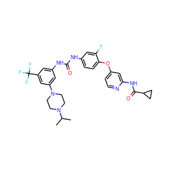 CC(C)N1CCN(c2cc(NC(=O)Nc3ccc(Oc4ccnc(NC(=O)C5CC5)c4)c(F)c3)cc(C(F)(F)F)c2)CC1 ZINC001772652149