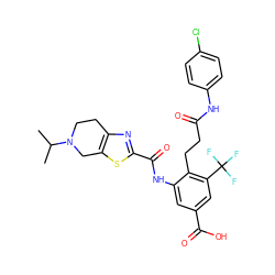 CC(C)N1CCc2nc(C(=O)Nc3cc(C(=O)O)cc(C(F)(F)F)c3CCC(=O)Nc3ccc(Cl)cc3)sc2C1 ZINC000073166342