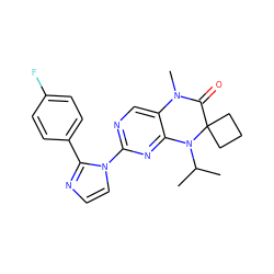 CC(C)N1c2nc(-n3ccnc3-c3ccc(F)cc3)ncc2N(C)C(=O)C12CCC2 ZINC000096272645