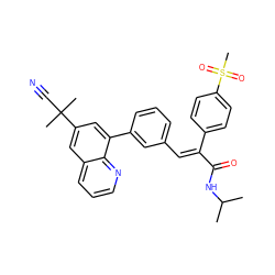 CC(C)NC(=O)/C(=C/c1cccc(-c2cc(C(C)(C)C#N)cc3cccnc23)c1)c1ccc(S(C)(=O)=O)cc1 ZINC000028529556