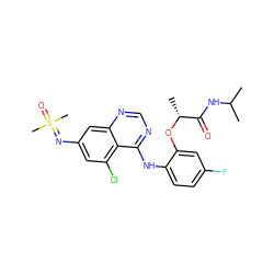 CC(C)NC(=O)[C@@H](C)Oc1cc(F)ccc1Nc1ncnc2cc(N=S(C)(C)=O)cc(Cl)c12 ZINC001772574265