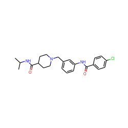 CC(C)NC(=O)C1CCN(Cc2cccc(NC(=O)c3ccc(Cl)cc3)c2)CC1 ZINC000210596966