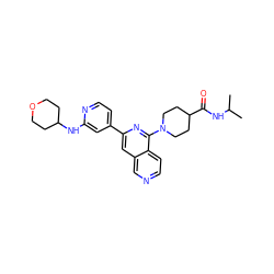 CC(C)NC(=O)C1CCN(c2nc(-c3ccnc(NC4CCOCC4)c3)cc3cnccc23)CC1 ZINC000058569405