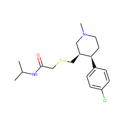 CC(C)NC(=O)CSC[C@H]1CN(C)CC[C@H]1c1ccc(Cl)cc1 ZINC000013677493