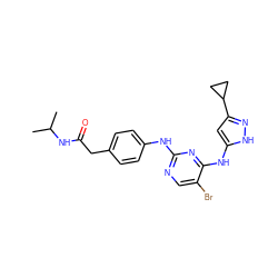 CC(C)NC(=O)Cc1ccc(Nc2ncc(Br)c(Nc3cc(C4CC4)n[nH]3)n2)cc1 ZINC000139866209