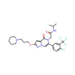 CC(C)NC(=O)Cn1c(-c2ccc(F)c(C(F)(F)F)c2)cn2nc(OCCCN3CCCCC3)cc2c1=O ZINC000058591708