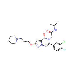 CC(C)NC(=O)Cn1c(-c2ccc(F)c(Cl)c2)cn2nc(OCCCN3CCCCC3)cc2c1=O ZINC000058581386