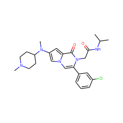 CC(C)NC(=O)Cn1c(-c2cccc(Cl)c2)cn2cc(N(C)C3CCN(C)CC3)cc2c1=O ZINC000058582775