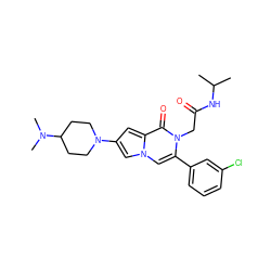 CC(C)NC(=O)Cn1c(-c2cccc(Cl)c2)cn2cc(N3CCC(N(C)C)CC3)cc2c1=O ZINC000058584036