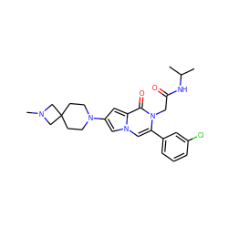 CC(C)NC(=O)Cn1c(-c2cccc(Cl)c2)cn2cc(N3CCC4(CC3)CN(C)C4)cc2c1=O ZINC000058591301