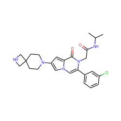 CC(C)NC(=O)Cn1c(-c2cccc(Cl)c2)cn2cc(N3CCC4(CC3)CNC4)cc2c1=O ZINC000058468581