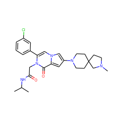 CC(C)NC(=O)Cn1c(-c2cccc(Cl)c2)cn2cc(N3CCC4(CCN(C)C4)CC3)cc2c1=O ZINC000058582780