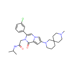 CC(C)NC(=O)Cn1c(-c2cccc(Cl)c2)cn2cc(N3CCCC4(CCN(C)CC4)C3)cc2c1=O ZINC000058592036