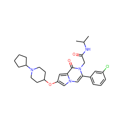 CC(C)NC(=O)Cn1c(-c2cccc(Cl)c2)cn2cc(OC3CCN(C4CCCC4)CC3)cc2c1=O ZINC000058581103