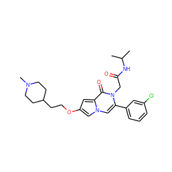 CC(C)NC(=O)Cn1c(-c2cccc(Cl)c2)cn2cc(OCCC3CCN(C)CC3)cc2c1=O ZINC000058592497