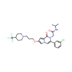 CC(C)NC(=O)Cn1c(-c2cccc(Cl)c2)cn2cc(OCCCN3CCC(C(F)(F)F)CC3)cc2c1=O ZINC000058581890