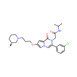 CC(C)NC(=O)Cn1c(-c2cccc(Cl)c2)cn2cc(OCCCN3CCC[C@H](F)C3)cc2c1=O ZINC000058582840