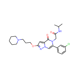 CC(C)NC(=O)Cn1c(-c2cccc(Cl)c2)cn2nc(OCCCN3CCCCC3)cc2c1=O ZINC000058590905