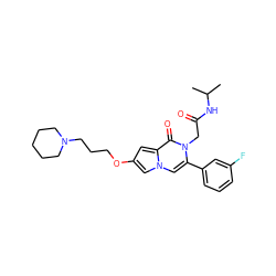 CC(C)NC(=O)Cn1c(-c2cccc(F)c2)cn2cc(OCCCN3CCCCC3)cc2c1=O ZINC000058584018