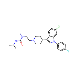 CC(C)NC(=O)N(C)CCN1CCC(c2cn(-c3ccc(F)cc3)c3cc(Cl)ccc23)CC1 ZINC000013731205