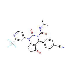 CC(C)NC(=O)N1C(=O)N(c2ccnc(C(F)(F)F)c2)C2=C(C(=O)CC2)[C@@H]1c1ccc(C#N)cc1 ZINC001772593933