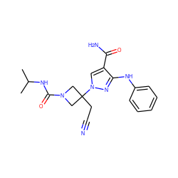 CC(C)NC(=O)N1CC(CC#N)(n2cc(C(N)=O)c(Nc3ccccc3)n2)C1 ZINC000222077440