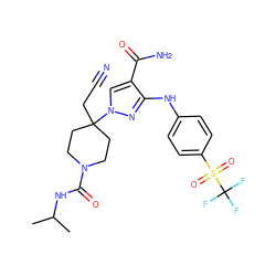 CC(C)NC(=O)N1CCC(CC#N)(n2cc(C(N)=O)c(Nc3ccc(S(=O)(=O)C(F)(F)F)cc3)n2)CC1 ZINC000221018010