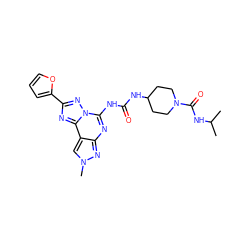 CC(C)NC(=O)N1CCC(NC(=O)Nc2nc3nn(C)cc3c3nc(-c4ccco4)nn23)CC1 ZINC000084690735