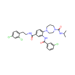 CC(C)NC(=O)N1CCCN(c2ccc(C(=O)NCCc3ccc(Cl)cc3Cl)cc2NC(=O)c2cccc(Cl)c2)CC1 ZINC000028566224