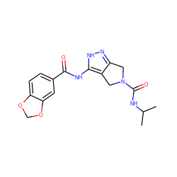 CC(C)NC(=O)N1Cc2n[nH]c(NC(=O)c3ccc4c(c3)OCO4)c2C1 ZINC000014949183