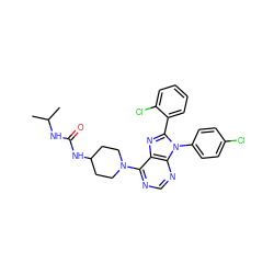 CC(C)NC(=O)NC1CCN(c2ncnc3c2nc(-c2ccccc2Cl)n3-c2ccc(Cl)cc2)CC1 ZINC000095573479