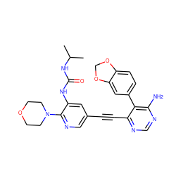 CC(C)NC(=O)Nc1cc(C#Cc2ncnc(N)c2-c2ccc3c(c2)OCO3)cnc1N1CCOCC1 ZINC000028646606