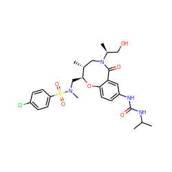 CC(C)NC(=O)Nc1ccc2c(c1)C(=O)N([C@@H](C)CO)C[C@@H](C)[C@H](CN(C)S(=O)(=O)c1ccc(Cl)cc1)O2 ZINC000095603129