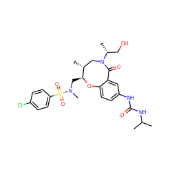 CC(C)NC(=O)Nc1ccc2c(c1)C(=O)N([C@H](C)CO)C[C@@H](C)[C@H](CN(C)S(=O)(=O)c1ccc(Cl)cc1)O2 ZINC000095602026