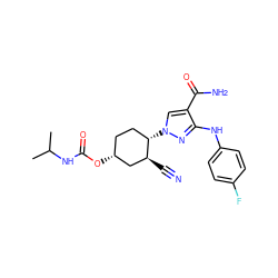 CC(C)NC(=O)O[C@@H]1CC[C@H](n2cc(C(N)=O)c(Nc3ccc(F)cc3)n2)[C@@H](C#N)C1 ZINC000221890471