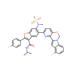 CC(C)NC(=O)c1c(-c2ccc(F)cc2)oc2cc(N(C)S(C)(=O)=O)c(-c3ccc4c(n3)-c3cc5c(F)cccc5n3CO4)cc12 ZINC000218306023