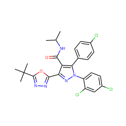 CC(C)NC(=O)c1c(-c2nnc(C(C)(C)C)o2)nn(-c2ccc(Cl)cc2Cl)c1-c1ccc(Cl)cc1 ZINC000042921084