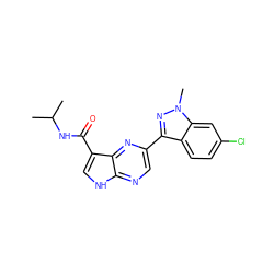 CC(C)NC(=O)c1c[nH]c2ncc(-c3nn(C)c4cc(Cl)ccc34)nc12 ZINC000095602191