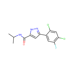 CC(C)NC(=O)c1cc(-c2cc(F)c(Cl)cc2Cl)n[nH]1 ZINC000040880497